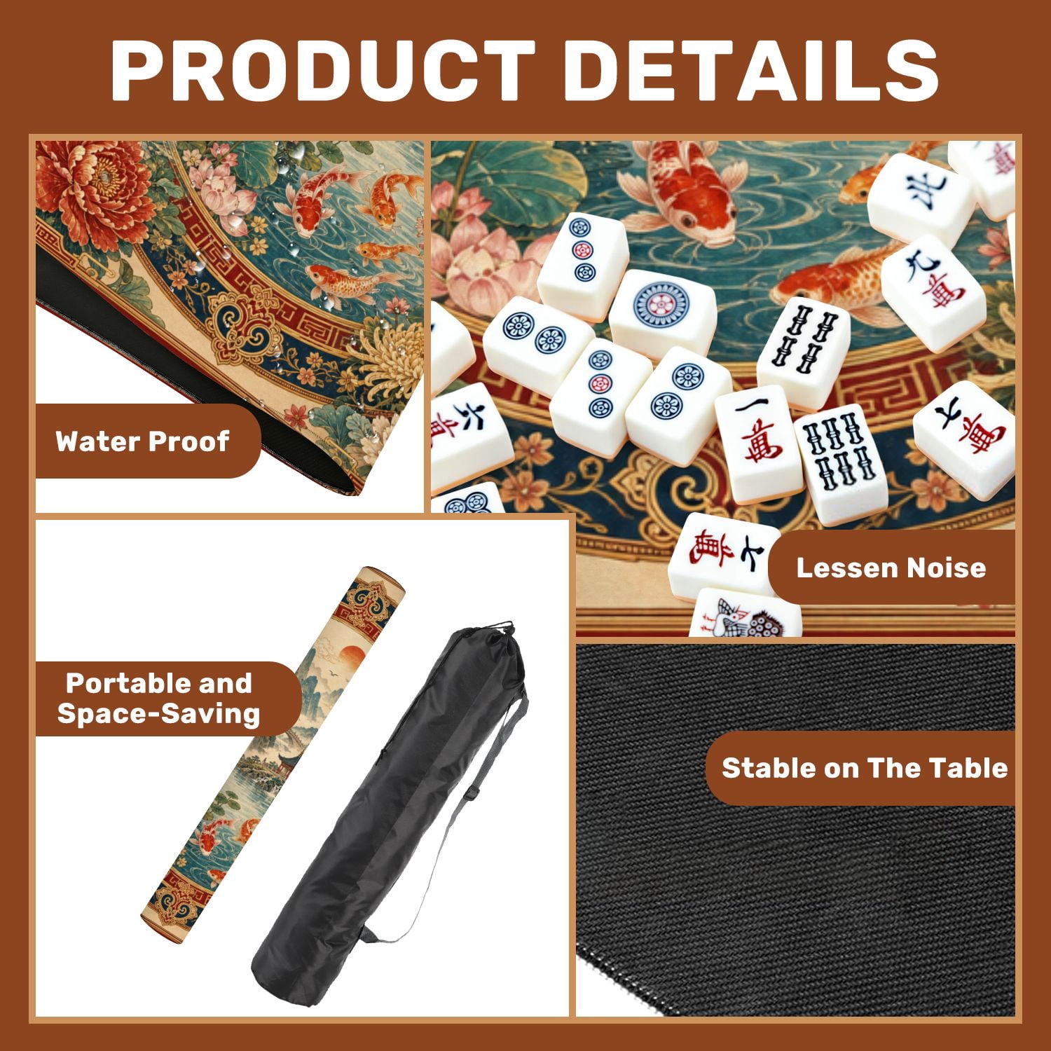 Mahjong Mat 31.5" x 31.5" Chinese Style Floral Circular Frame Cranes Koi Fish Traditional Non-Slip Noise Reduction Chic Portable Gaming Table Cover for Family Game Night & Gift