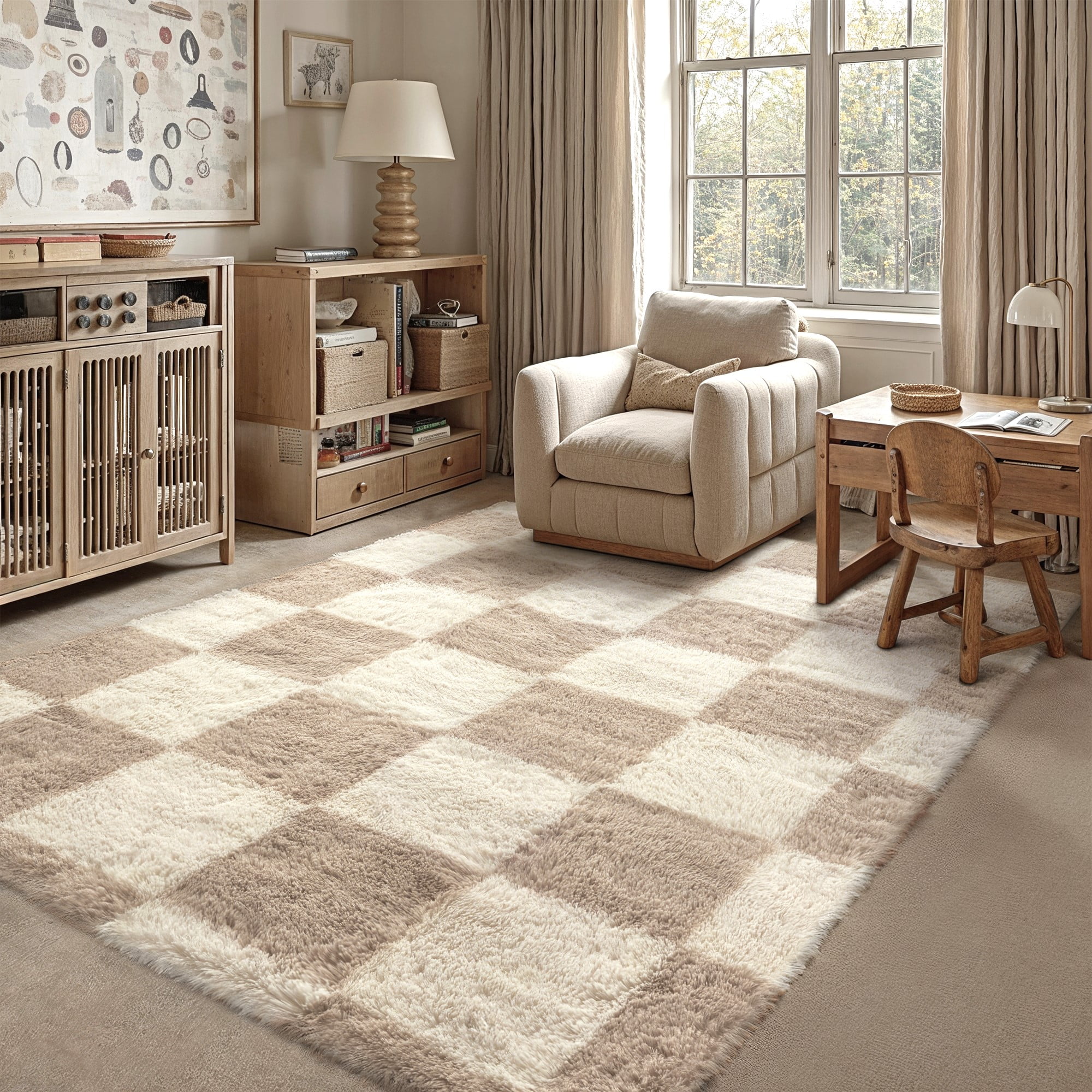 BERTHMEER 8'x10' Washable Shag Area Rugs for Living Room Bedroom Dinning Room Large Checkered Soft Fluffy Modern Fuzzy Plush Soft Rugs Carpets, Beige