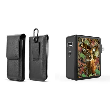 

Holster and Wall Charger Bundle for Nokia C200: Vertical Double Belt Pouch Case (Black) and 45W 2 Port (Power Delivery USB-C USB-A) Power Adapter (Deer Hunter Camo)