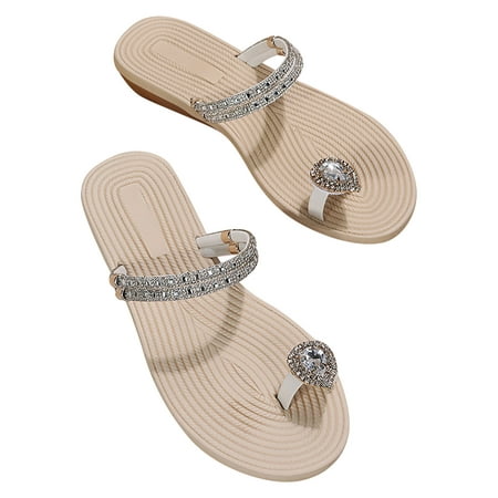 

Utoimkio Flat Sandals for Women Clearance Under $10 Women s Summer Clip Toe Beach Rhinestone Soft Soled Flat Sandals