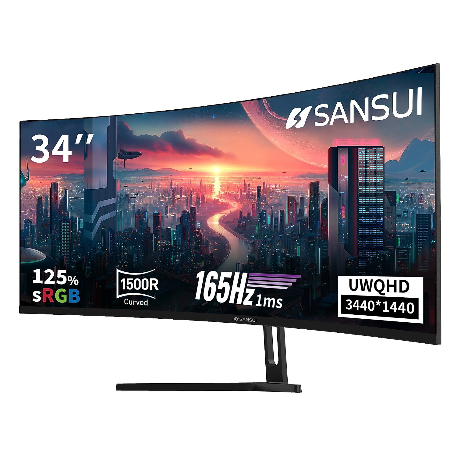 Sansui 34" Curved WQHD 165Hz LED AMD FreeSync Gaming Monitor, HDR, Black (SG34C5QK)