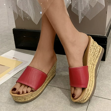 

Aoujea Clearance Items Comfortable Sandals for Women Casual Beach Sponge Cake Thick Bottom Fish Mouth Cool Straight Line Slippers Red 6