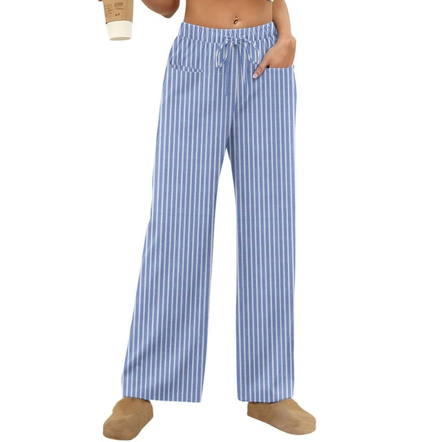 Women's Pants, Solid Color Striped Stretch Waist Straight Leg Trousers