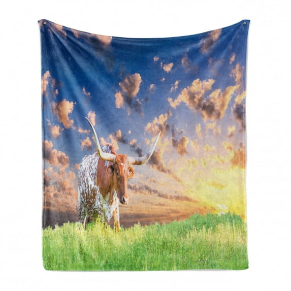 Longhorn Soft Flannel Fleece Throw Blanket, Photography of Female Cow in Pasture at Sunrise with Cloudy Sky Landscape Print, Cozy Plush for Indoor and Outdoor Use, 70" x 90", Multicolor, by Ambesonne