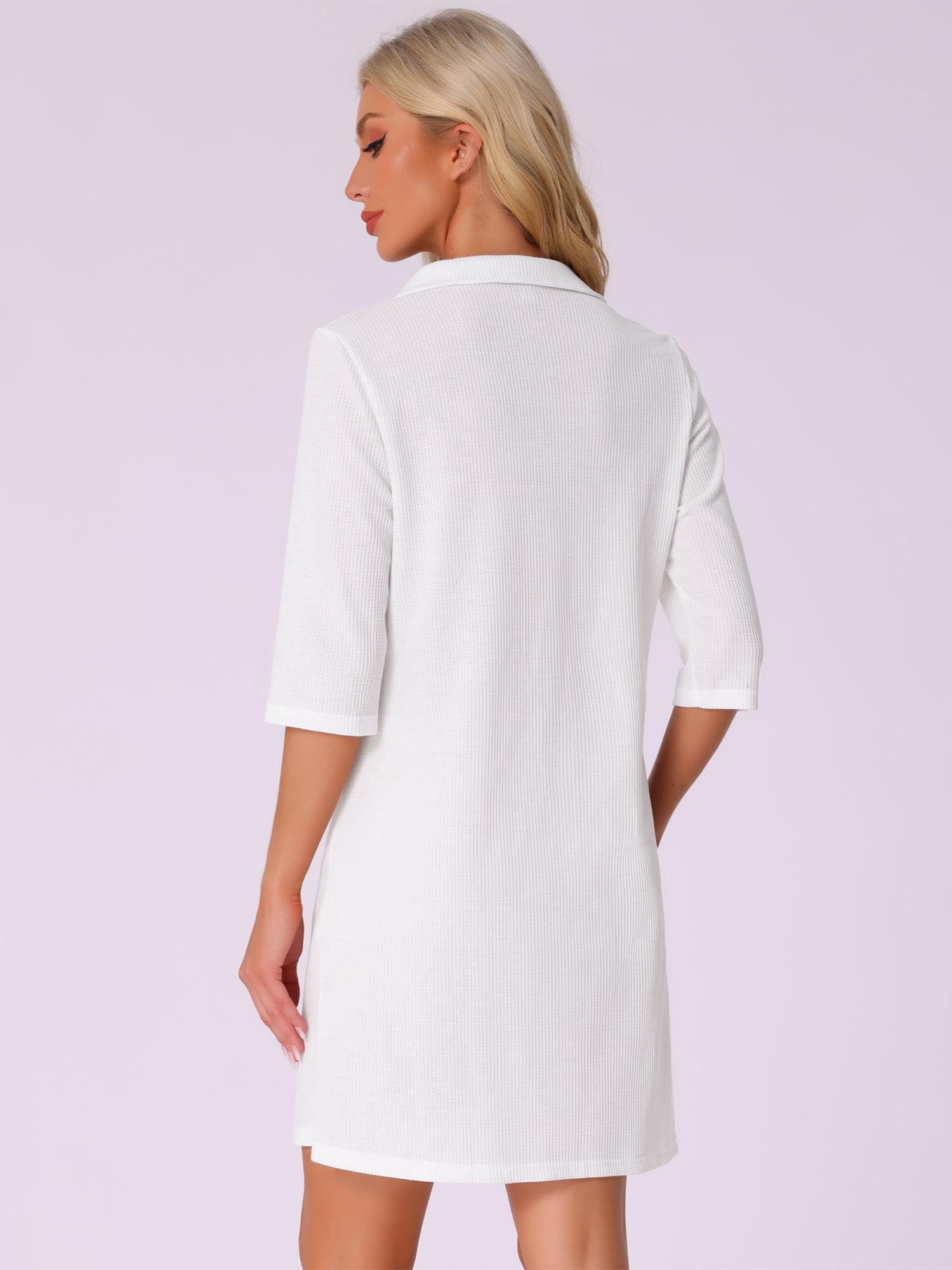 DARING DIVA Women's Zipper Robes Waffle 3/4 Sleeves Bathrobe House Coat M White