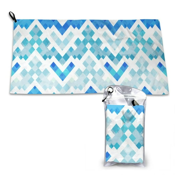 YFYANG Adult Microfiber Portable Travel Towel, Vintage Blue Watercolor Geometric Quick Dry Towel with Hiking Buckle PVC Pouch, 16" x 31.5"