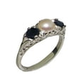 thumbnail image 1 of LBG British Made Luxury Solid 10K White Gold Natural Sapphire and Cultured Pearl Trilogy Ring, 1 of 7