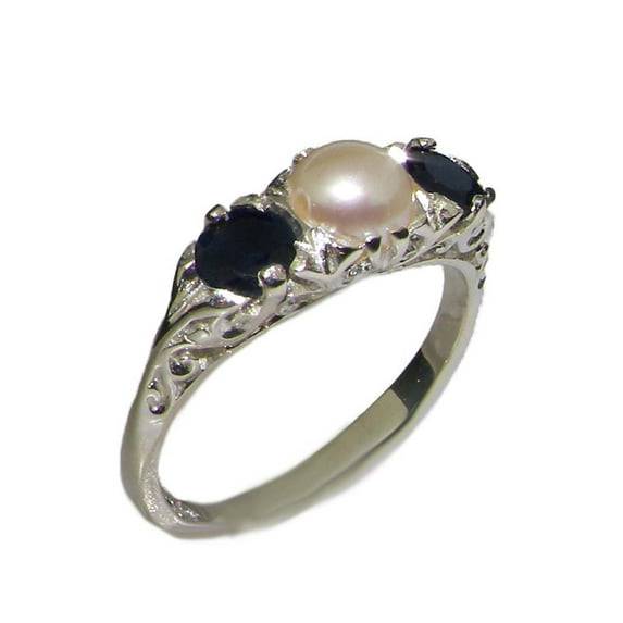 LBG British Made Luxury Solid 10K White Gold Natural Sapphire and Cultured Pearl Trilogy Ring