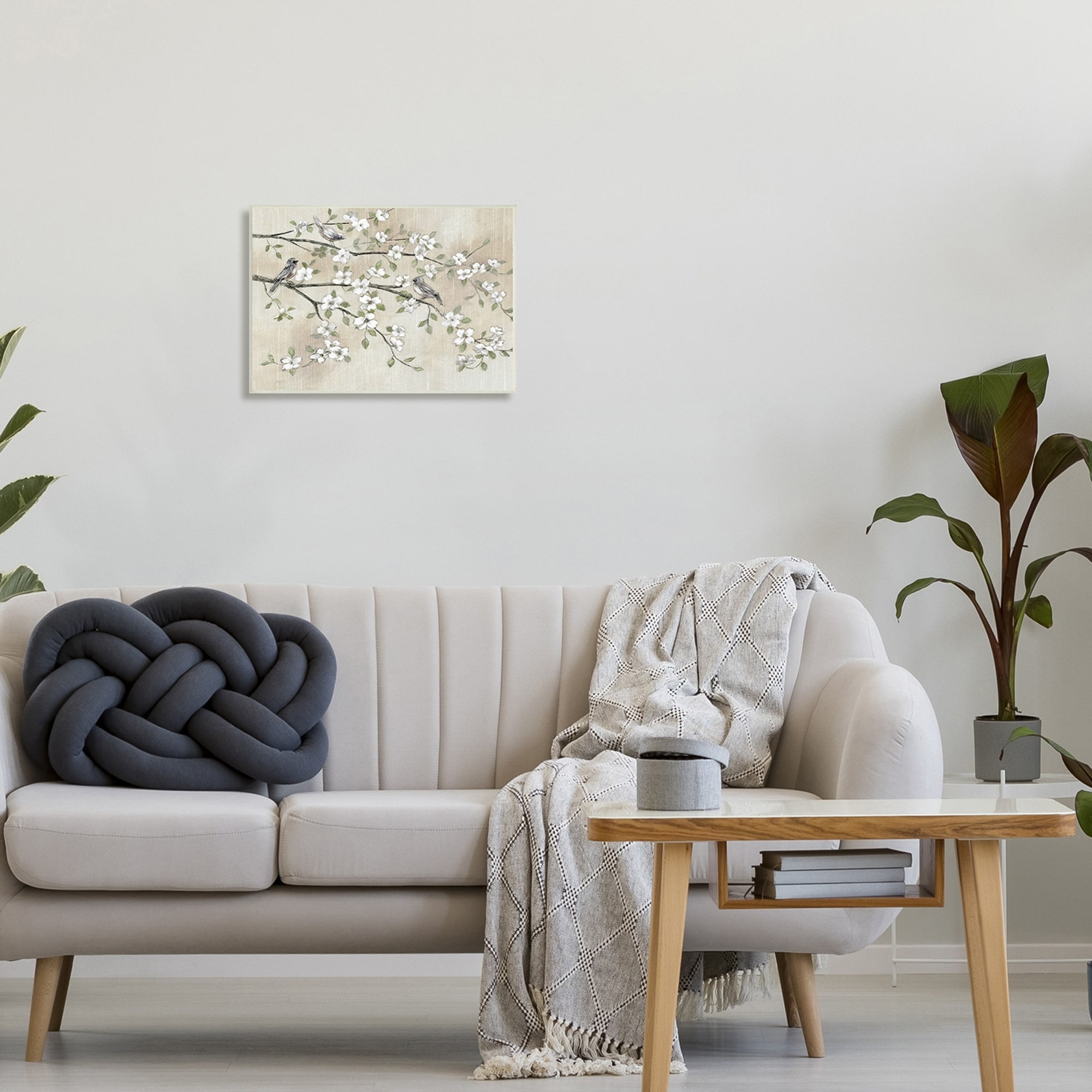 Stupell  Traditional White Cherry Blossom Birds Branches Painting  Wood Wall Art - Brown 19 x13