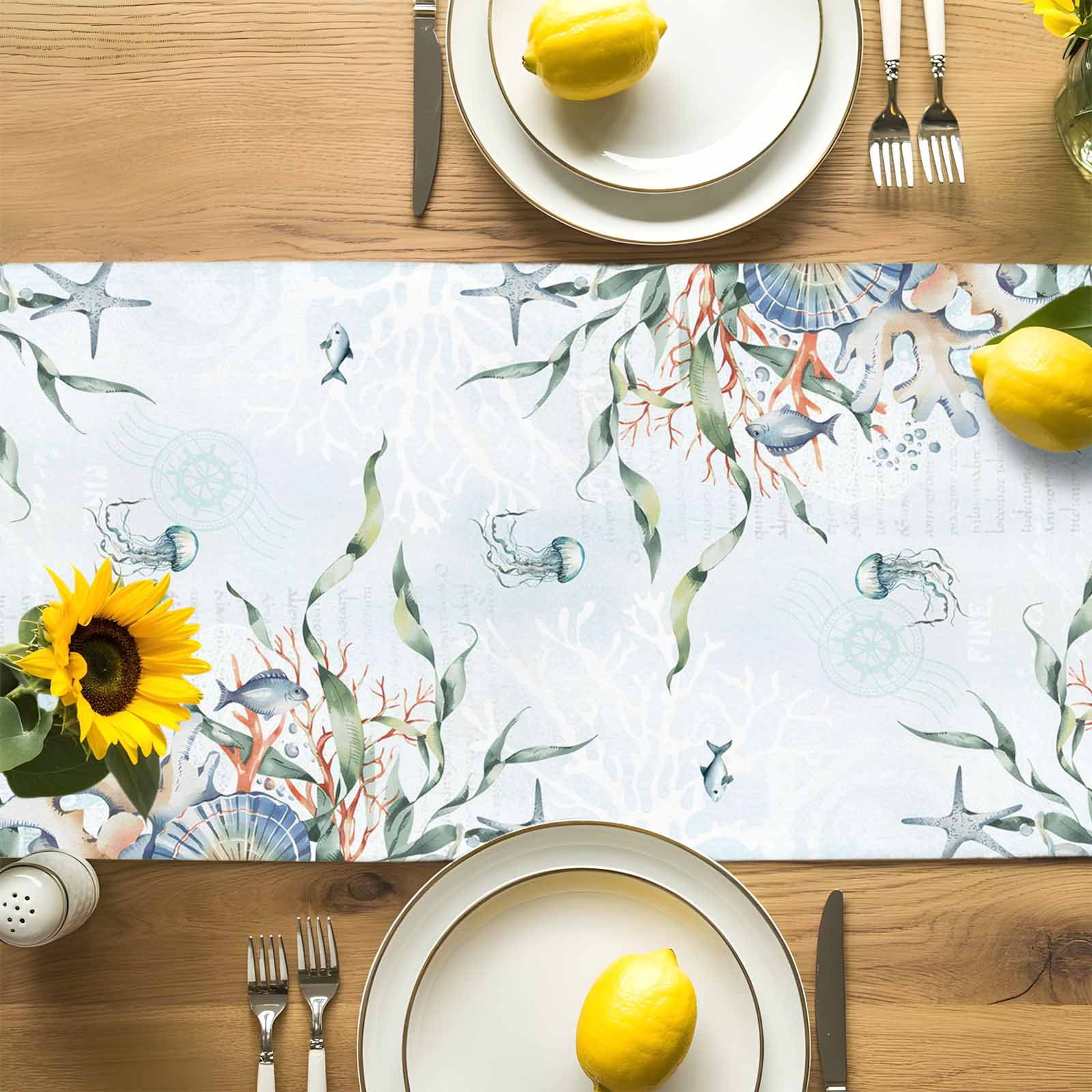 Sea Turtle Coral Seaweed Table Runner 90 Inches Long, Summer Coastal Nautical Theme Table Runners Tabletop Scarf Kitchen Dining Tables Decoration for Home Party Indoor Outdoor