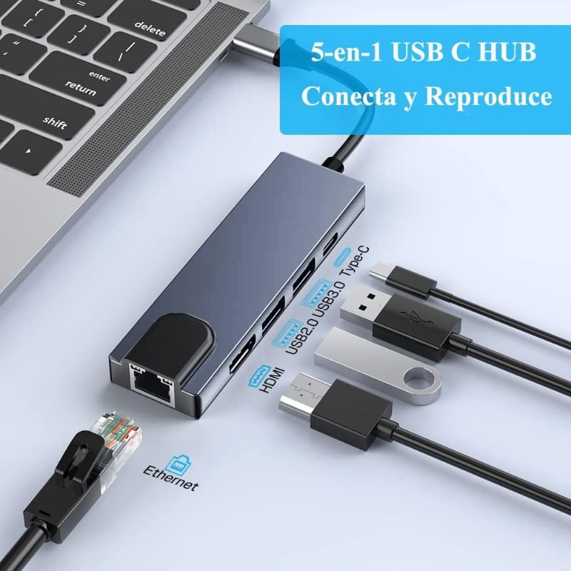 5-in-1 USB C Adapter with Ethernet, USB C3.0 Hub with 100M Gigabit RJ45 Ethernet Port, 100W PD Charging Port, 4K HD, 2 USB3.0 Ports, Compatible with MacBook Pro Air and Type-C Devices