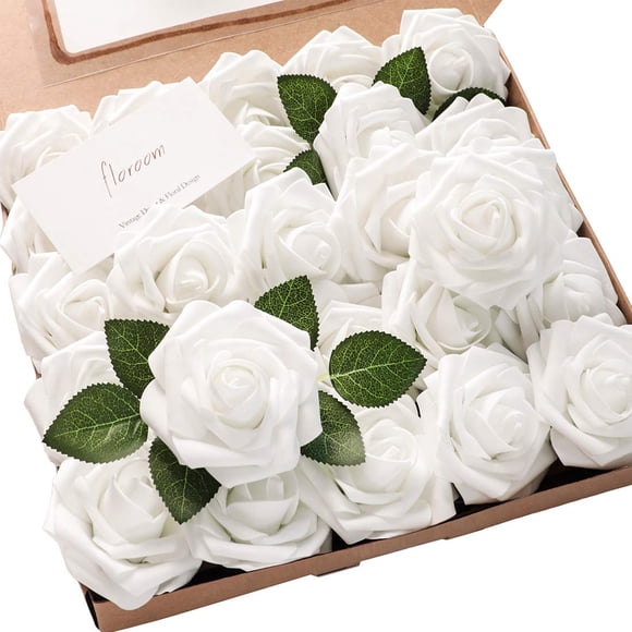 Flores artificiales Floroom, 50 unidades, rosas de espuma blanca realistas