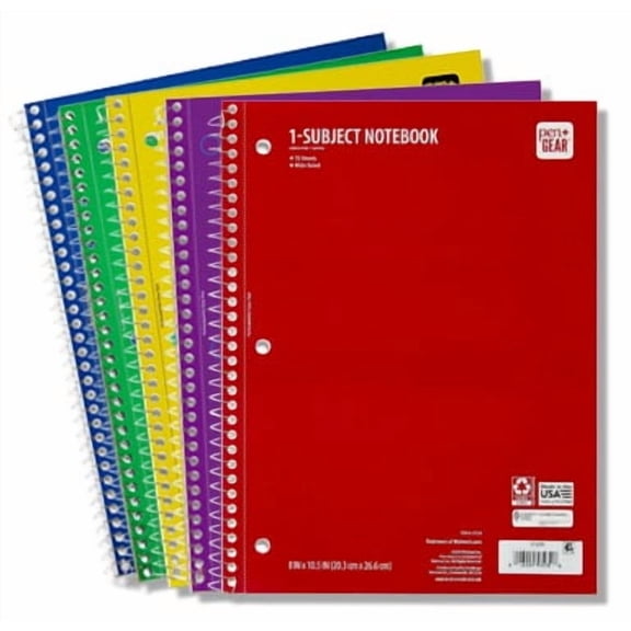 Pen+Gear Wide Ruled 1-Subject Notebook, 8" x 10.5", Assorted Colors, 70 Sheets, 30 Count