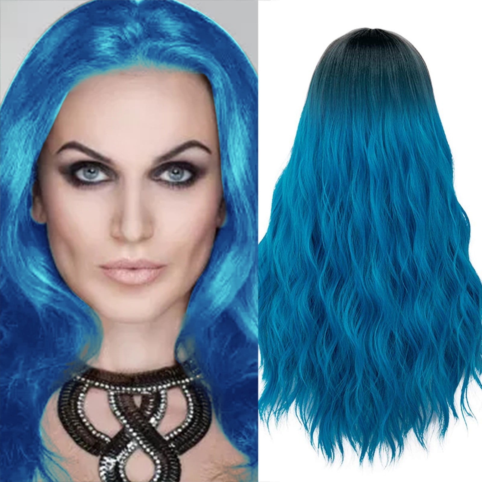 Bidobibo Ombre Bluish Green Wig Long Wavy Side Part Wig Heat Resistant