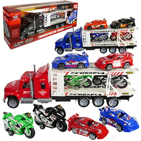 5 Friction Powered Semitruck With Two Motorcycles Two Sports Cars,