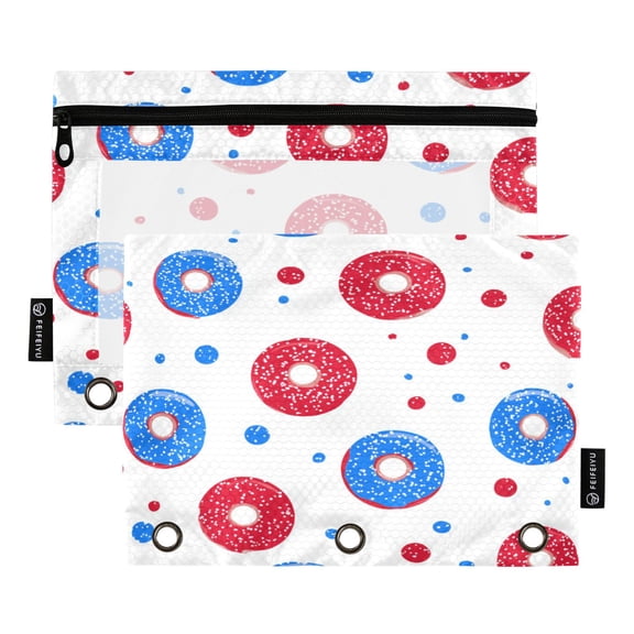 2 Pack 3 Ring Binder Pouch with Clear PVC Window Water Resistant Zipper Pencil Pouch Fun Red Blue Donut Print Binder Pocket for Classroom Office Home Stationery Organization