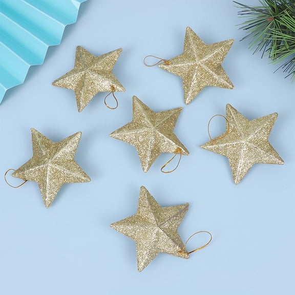 Plastic Glitter 3D Star Christmas Tree Ornaments Set | Red, Silver, Gold Hanging Decoration | Durable Plastic, 7.5cm, Sparkling Finish, Elegant Holiday Accessory, 6 Pack