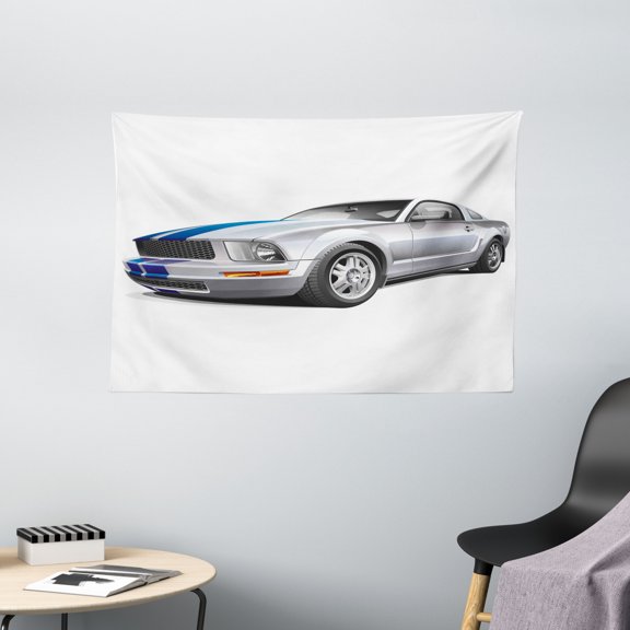 Teen Room Decor Tapestry, Modern Trendy Cool Car Automobile Fancy Speed Vehicle Illustration, Wall Hanging for Bedroom Living Room Dorm Decor, 60W X 40L Inches, Silver Grey Blue, by Ambesonne