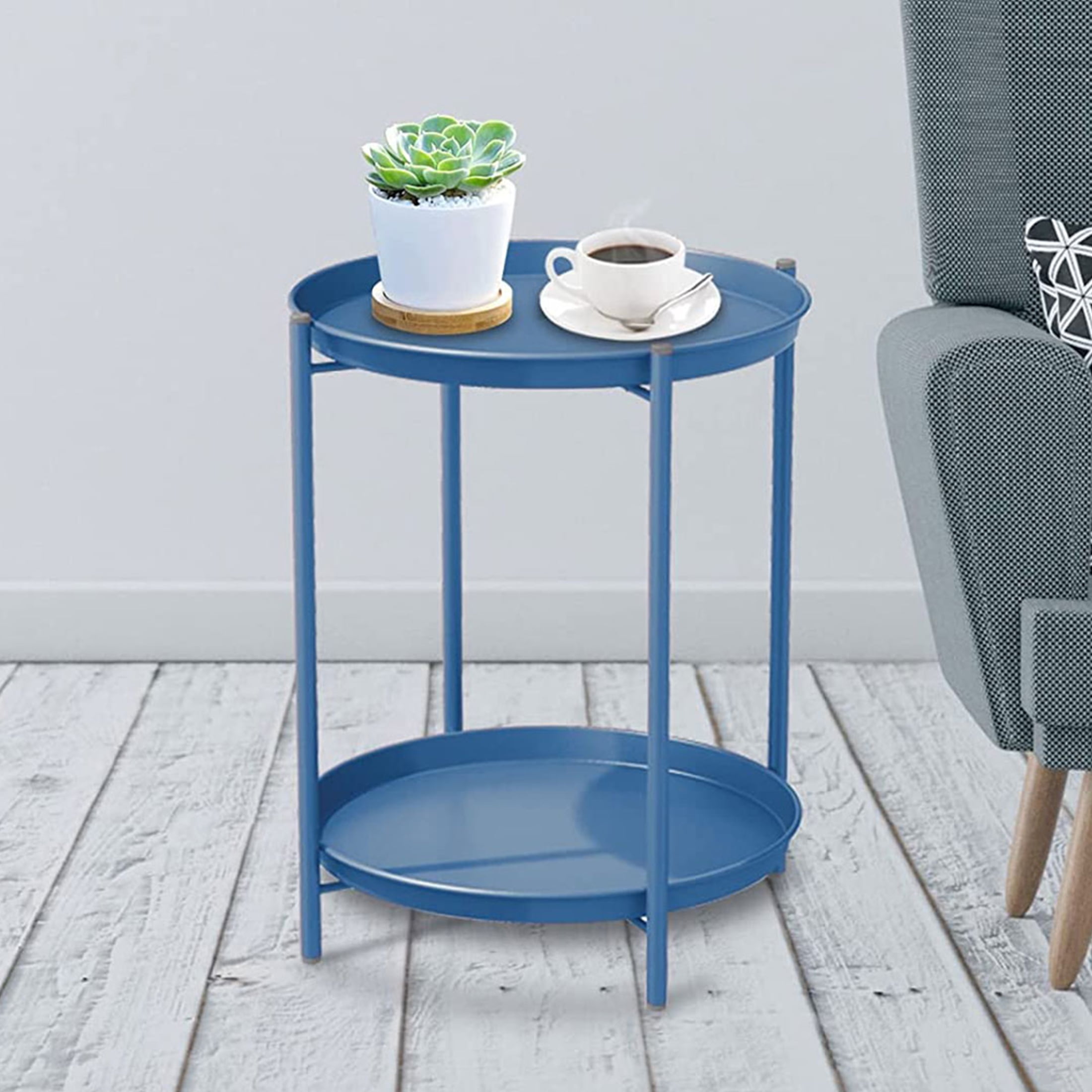 Grand Patio Indoor & Outdoor Side Table 2-Tier, Weather-Resistant Steel Round End Table for Porch, Poolside, Bedroom, Living Room, Peacock Blue