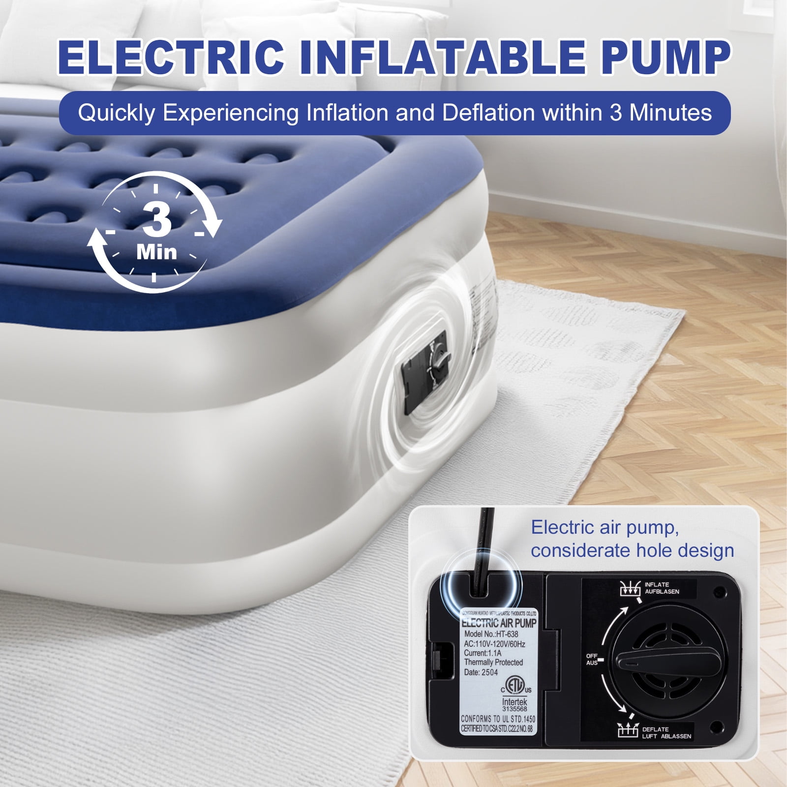 Ktaxon 18in Twin Air Mattress with Built-in Pump, Elevated Inflatable Airbed, Blow up Mattress for Camping Home Guests, Blue & White