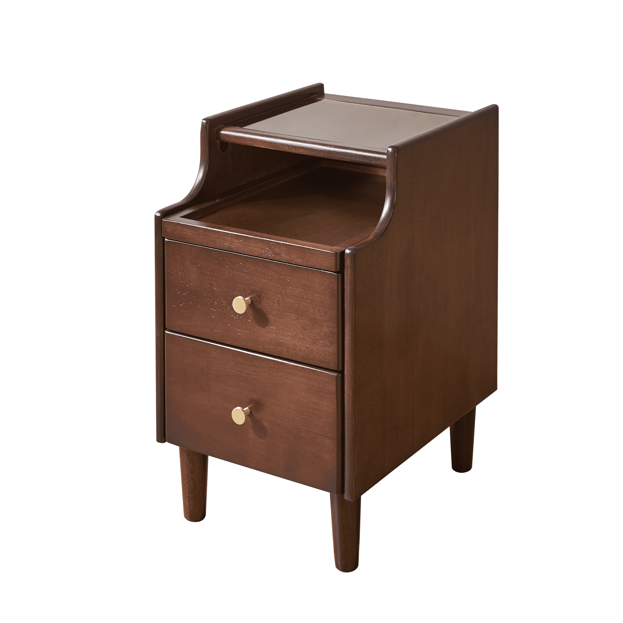 Solid Wood Nightstand with Two Drawers and Pull-Out Panel, Bedside Storage Table and Sofa Side End Table for Living Room, Walnut