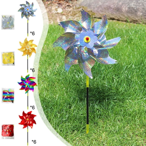 Reflective Garden Windmills with Stakes | Bird prevent Pinwheels for Yard, Patio, Orchard | Outdoor Decor Spinner | Multicolor Plastic | Scare Birds Away | 6 Pack | 9.4x8.5 in Durable Weatherproof