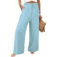 thumbnail image 4 of lcziwo Sale of The Day Clearance, Women's Side Hollow Cotton Linen Summer Pants Casual Elastic Waist Drawstring Straight Sweatpants Solid Color Lounge Trousers with Pockets Light Blue L, 4 of 9