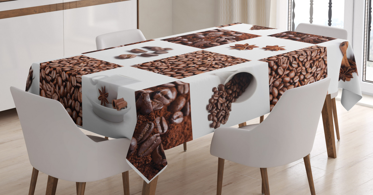 Kitchen Tablecloth, Coffee with Roasted Beans Concept Collage Hearts