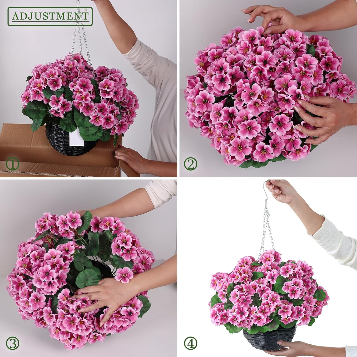 2 Set Artificial Geraniums Flowers with Hanging Baskets for Outdoors - Sun Resistant Silk with Geranium Flowers, Fake Hanging Planters for Front Porch Garden Patio Home Decor (Pink)