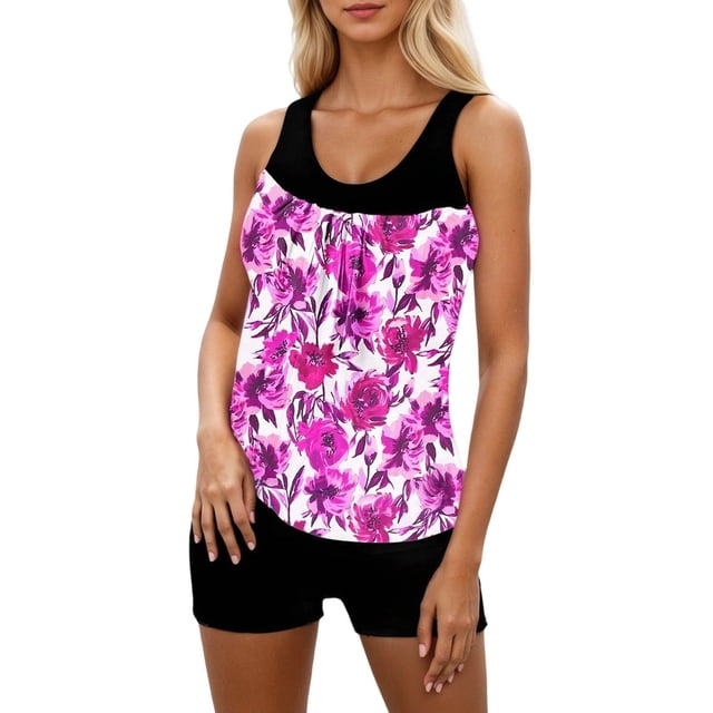 REDARER Ensemble Tankini Deux Pièces à Imprimé Floral avec Short de Bain Assorti pour Femmes Plage