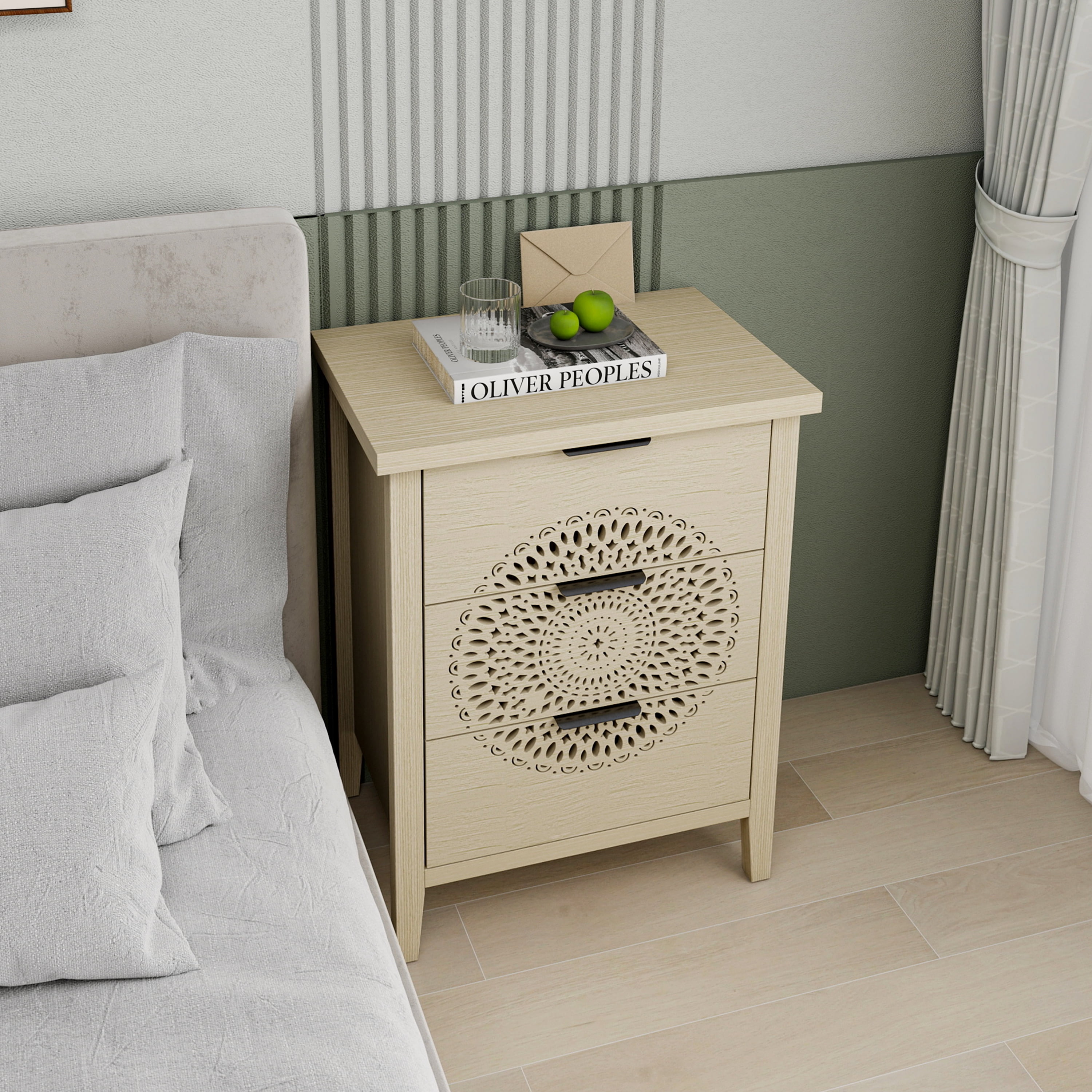 Gewnee Hollow-Carved 3-Drawer Storage Dresser Chest with Metal Handles, Modern Accent Furniture for Living Room & Bedroom