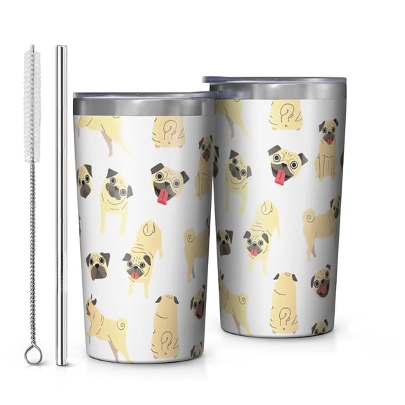 Cute Cartoon Pug 10oz Tumblers Stainless Steel Tumbler with Lid and Straw,Vacuum Insulated Double Wall Travel Tumbler Cups with Cleaning Brush for Coffee, Tea
