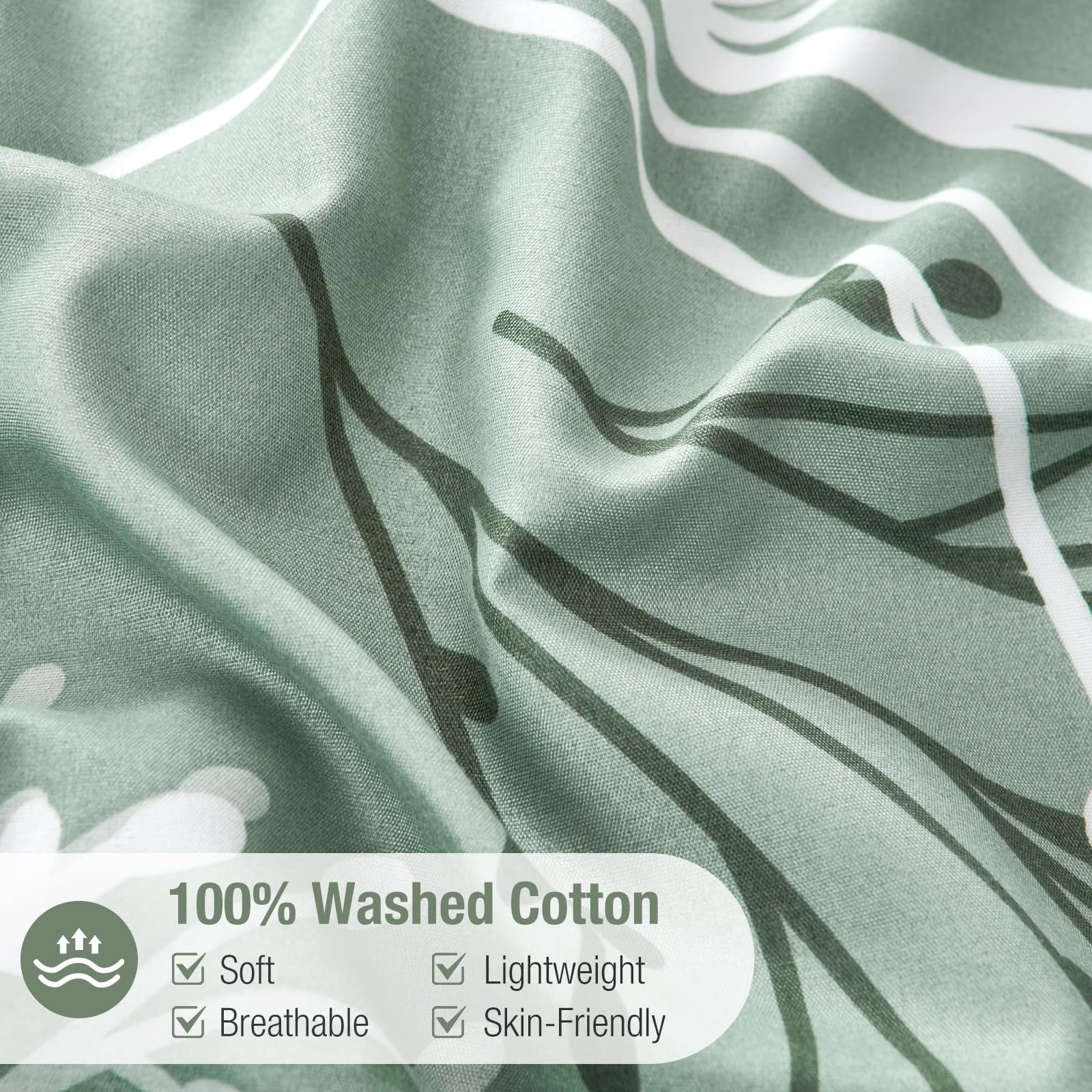 Leke Green Duvet Cover Queen Size, Reversible Floral Queen Comforter Cover with Branch Pattern, Soft 100% Washed Microfiber 3 Pieces Green Bedding Set with Zipper and 2 Pillowcases 20"x26"