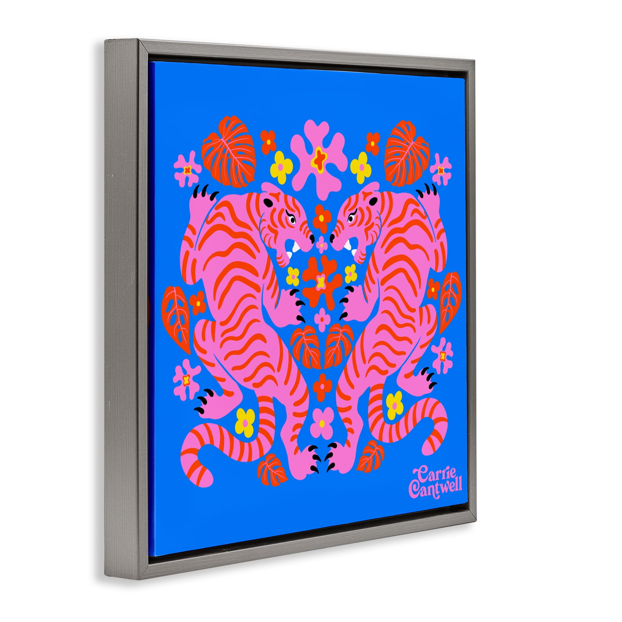 Stupell Industries Pink Tigers and Monstera Gray Framed Floater Canvas Wall Art, design by Carrie Cantwell