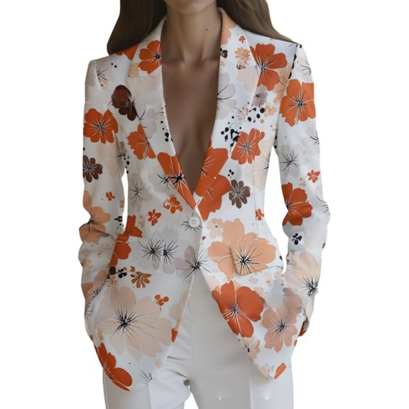 ZHOGXU Lightweight Plus Size Coat For Women Floral Print Notched Modern Suit Jacket Warm Fashion,Workout Daily Wear,White,XXL