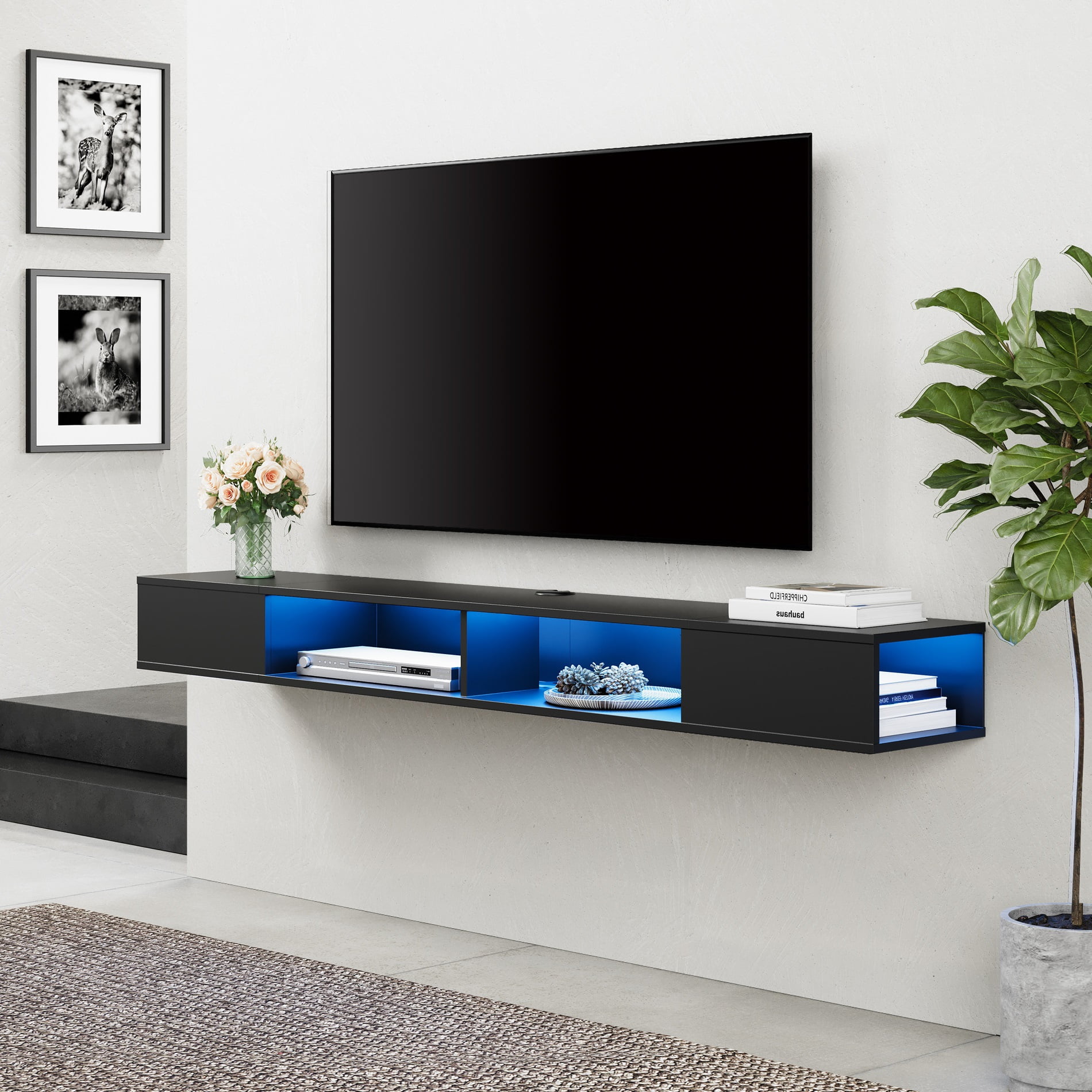 70 inch Floating TV Stand with Blue Light for Living Room, Black