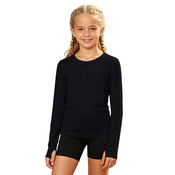 Lullu Toddler Girls Athletic T-Shirt Breathable Lightweight Long Sleeve T Shirt with Thumb Hole, Black