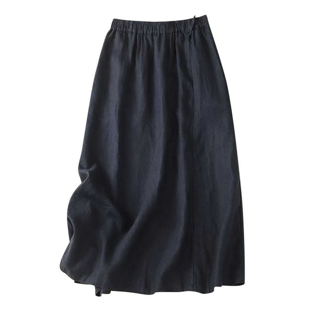 AherBiu Linen Skirts for Women A-Line High Waisted Ruched Loose Button Summer Casual Loose Long Skirt