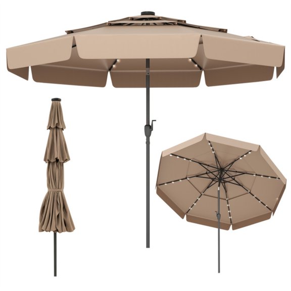 10 ft 3-Tier Patio  Umbrella with solar powered LED lights, Outdoor Umbrellas with Push Button Tilt and Crank, Terrace Umbrella for Market, Beach, Pool, Garden, Backyard, Taupe