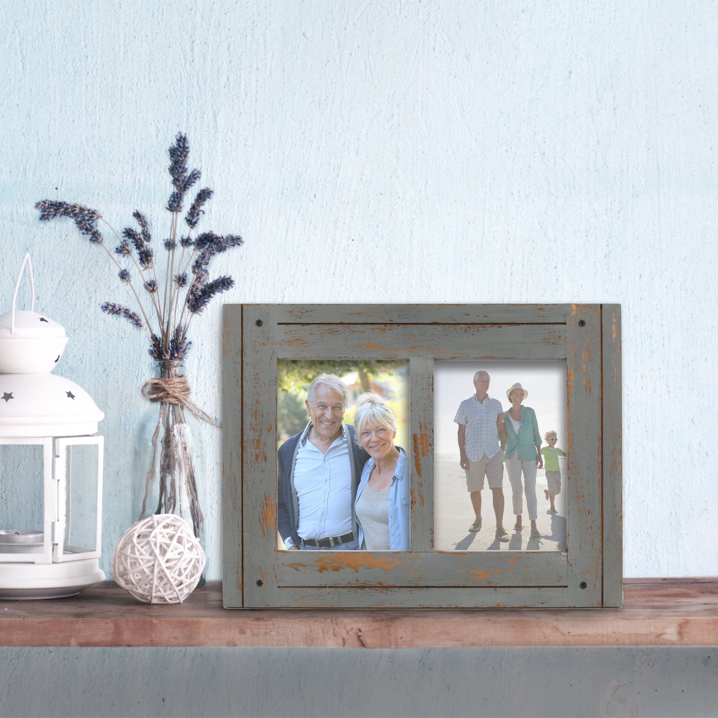 Prinz Homestead 5x7 Picture Frame for Two Photos, Distressed Grey, Tabletop or Wall Hanging