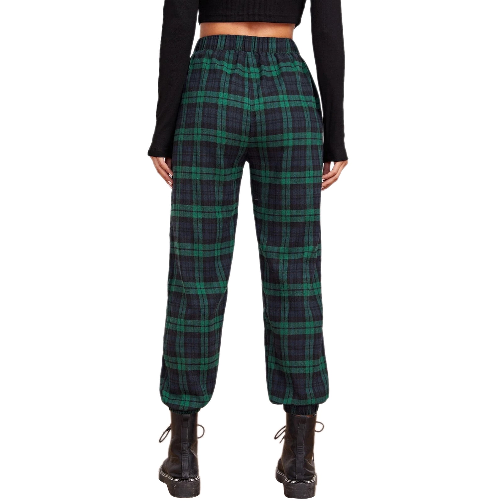 Women Casual Plaid Pants, Elastic Waist Color Block Ankle Length