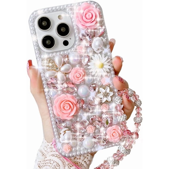 for iPhone 16 Pro Case,Cute Bling Glitter Sparkle Stunning Stones Diamond Rhinestone 3D Handmade Pearl Rose Flower with Wrist Lanyard for Women Girly for iPhone 16 Pro (Pink)