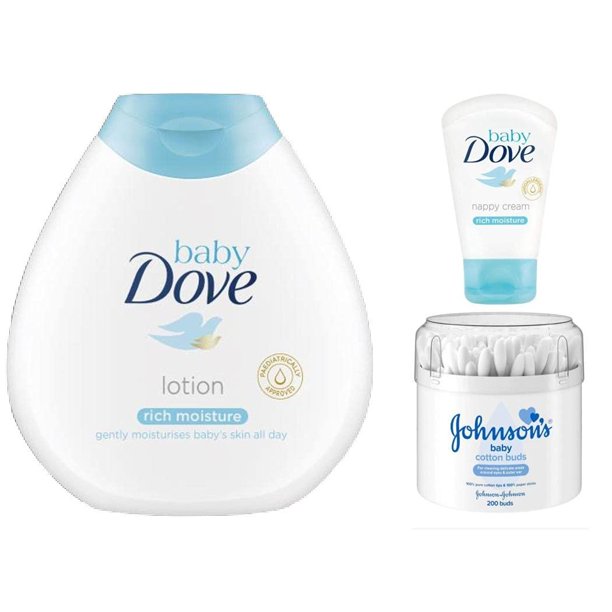 Baby Bath Set - Dove Baby Rich Body Lotion 200ml + Cream + Johnsons Baby buds 200 - Walmart.com