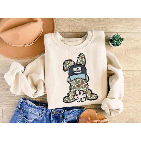 Egg Hunter Camo Easter Sweatshirt for Kids, Toddler Bunny Pullover, Easter Day Camo Outfit, Cute Spring Shirt for Boys and Girls
