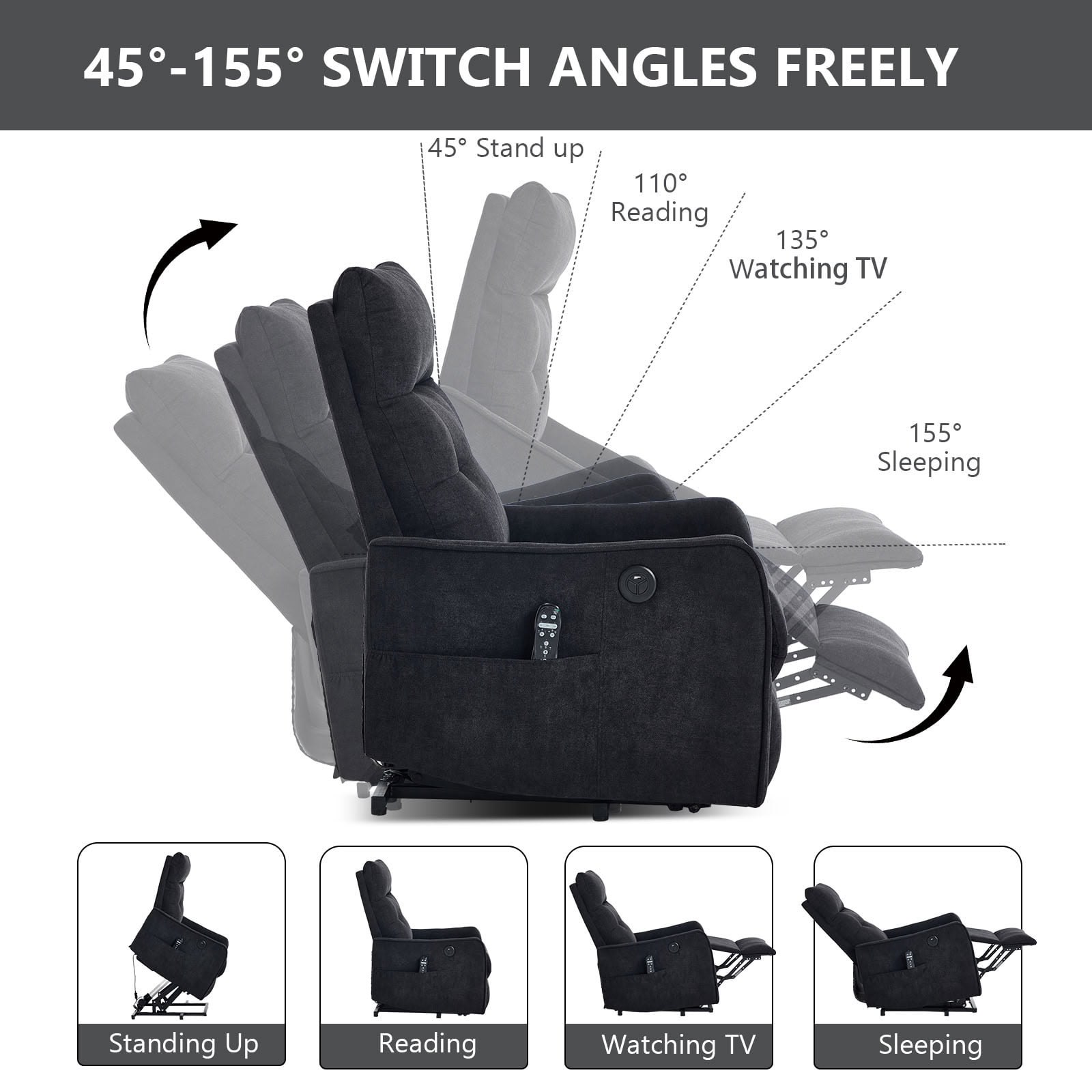 MAYEERTY Chenille Power Lift Recliner Chair for Elderly, Single Motor Electric Lift Chair with 8-Point Massage & Lumbar Heat, USB Charging Port, for Living Room Bedroom