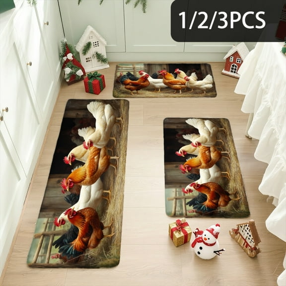 3PCS Kitchen Mat set, Welcome Door Flannel Rug,Home Decor for Front Door,Kitchen, Bathroom, Chicken And Rooster On Farmhouse ,Great gift for Family and Friends.
