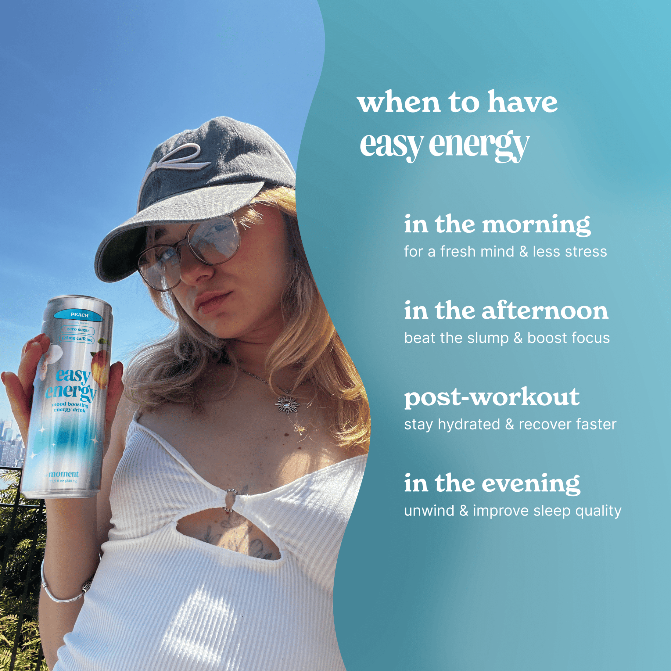 Moment Easy Energy Drink (Peach) – Zero Added Sugar Sparkling Energy Drinks with Natural Caffeine, Magnesium, B Vitamins & Lion’s Mane – L-Theanine & Adaptogens for Mood, Focus & Clarity – 12 Pack