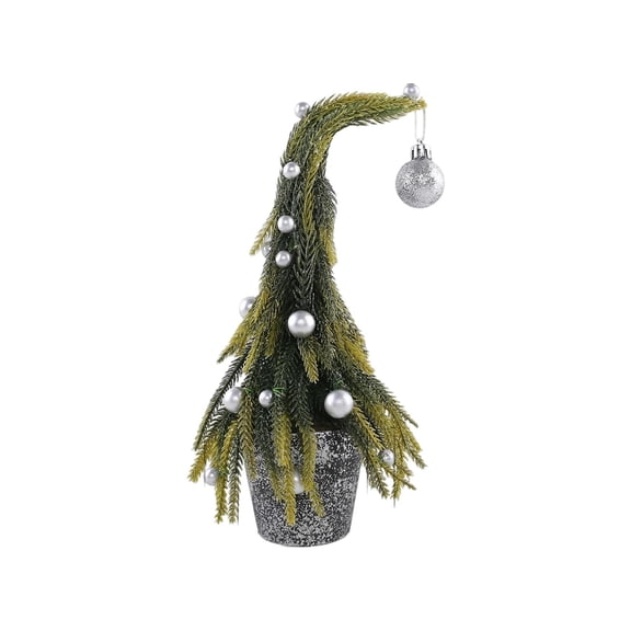 Qholemyo Frosted Curved‑Top Mini Fir Tabletop Tree Fake Plants Home Decor Artificial Plants With Chrome Bauble For Christmas Tabletop Ornament