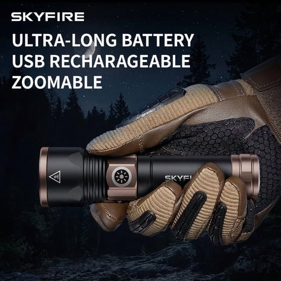 Skyfire 1000LM Ultra Bright Flashlight, Zoomable, USB Rechargeable, 700M Long Range, 26700 Battery, 5 Light Modes, Portable for Camping Hiking Emergency