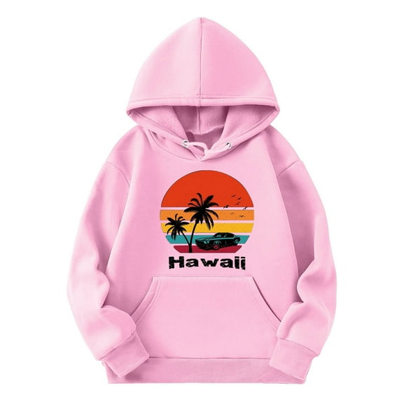 GDREDA Kids Boys Girls Hoodies Stylish 2024 Hawaii Coconut Tree Print Round Neck Sweatshirt Casual Athletic Workout Outfits （Pink,9-10 Years)